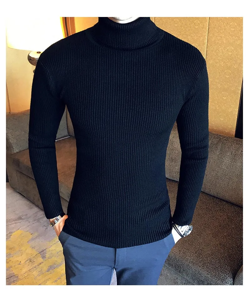 Осенне-зимний модный теплый мужской свитер с высоким воротом, мужские свитера, облегающий черный белый пуловер из эластичной ткани, мужской вязаный двойной свитер