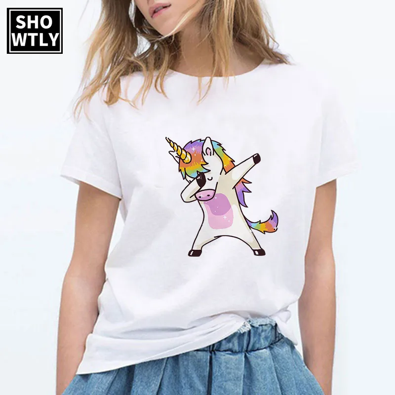 Женская футболка с коротким рукавом и принтом единорога большие размеры Harajuku Kawaii