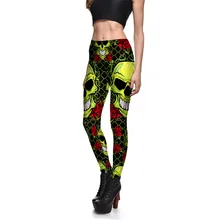 JIGERJOGER Зима Хэллоуин серии сетка Роза печатных зеленый череп печатных Леггинсы завод прямые женские плюс размер брюки