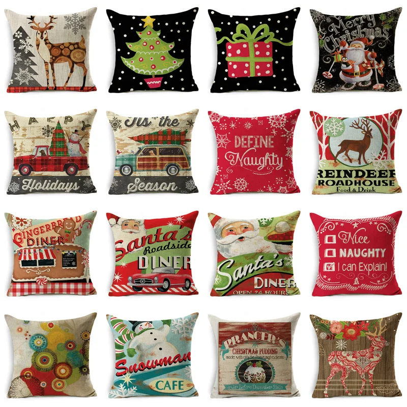 

New Classical Xmas Cushion Cover Merry Christmas Gift Santa Claus Pillowcase Home Decorative Pillows Cover for Sofa