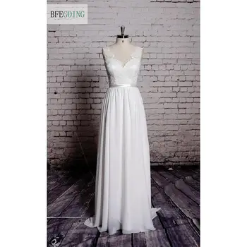 

Sexy Chiffon V-neck Lace and Satin Backless Sheath Floor-length Wedding dress Court Train Backless Custom made