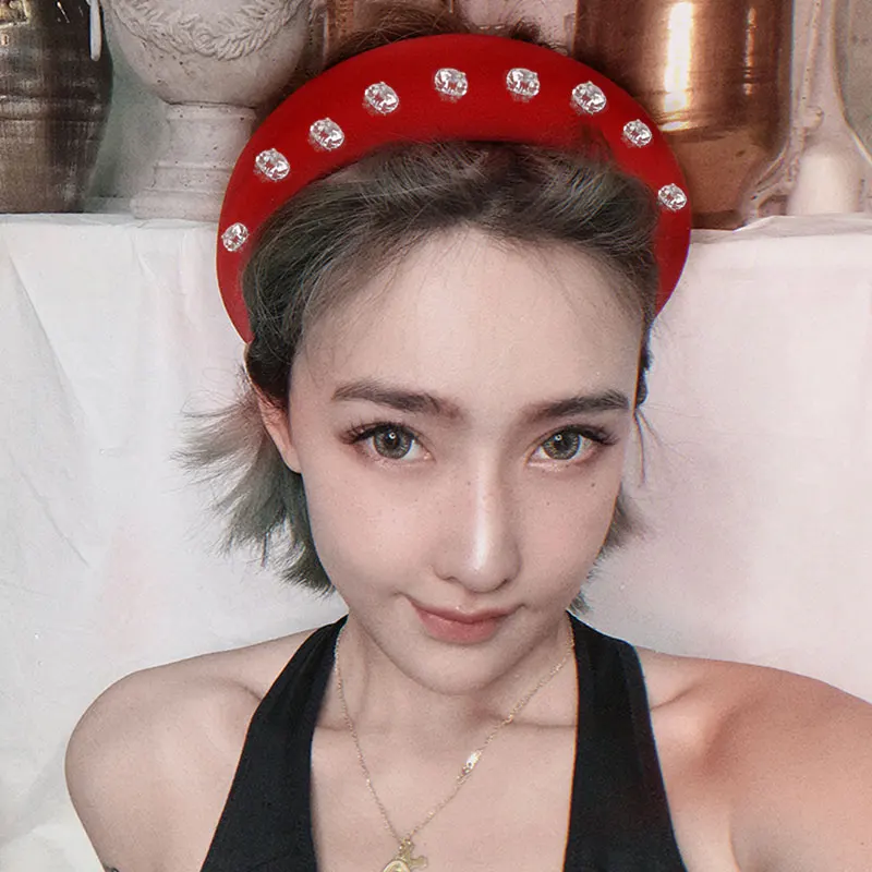 

3cm Width Padded Headband with White Crystal Personality Thick Sponge Headband Head Band Hair Accessories Party Gift