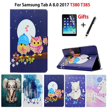 

Fashion Owl Flip PU Leather Case For Samsung Galaxy Tab A 8.0 T380 T385 2017 8.0 inch Smart Cover Cases Funda Shell +Film+Pen