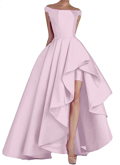 

Hot Sale 2019 2018 Boat Neck Pink Off Shoulder Long Evening Prom Dresses High Low Formal Party Gowns Vestido de Festa Curto