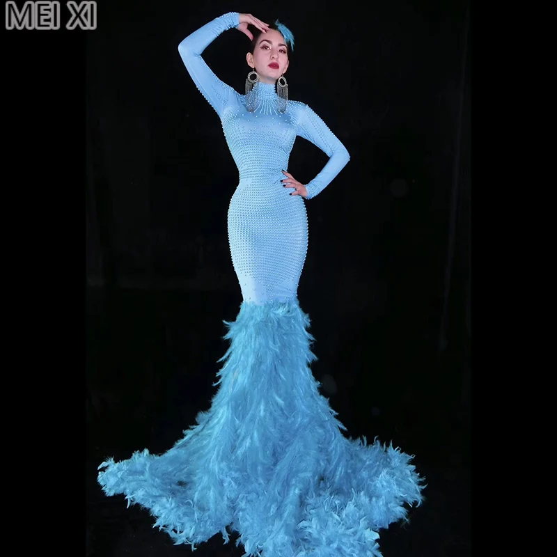 

Unique ablaze Marine blue full diamond feather dress birthday celebration party banquet evening dress concert ball singer costum