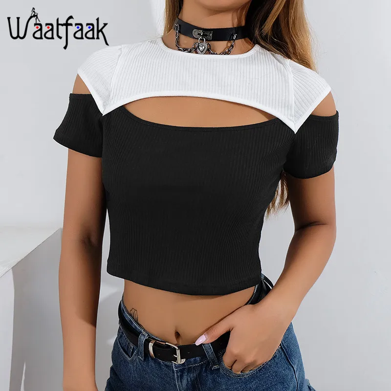 

Waatfaak Hollow Out Patchwork Summer Tshirt Women Crop Top Sexy Black Harajuku Shirt Casual Cotton Short Sleeve T Shirt Ladies