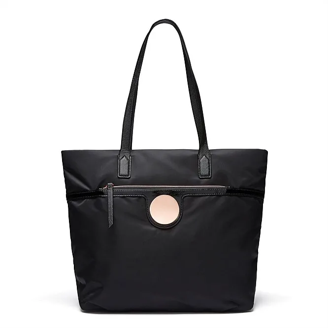 

BLACK COLOR NYLON FACBRIC WITH ROSEGOLD ROUND WAVER SURFACE BADGE TOTE BAG