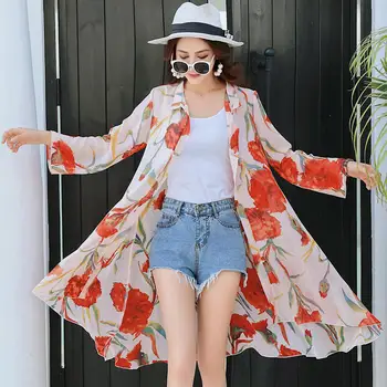 

Kimono Cardigan Blouse Women Summer Casual Print Plus Size Chiffon Blouse Top Female Elegant Streetwear Long Beach Blouse Q1442