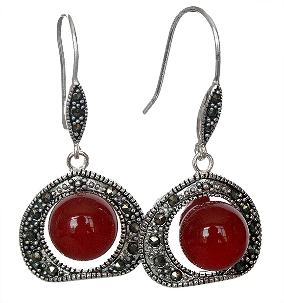 

SPECIAL VINTAGE 925 SILVER 10MM Red AGATE BEADS MARCASITE HOOK EARRINGS 11/2