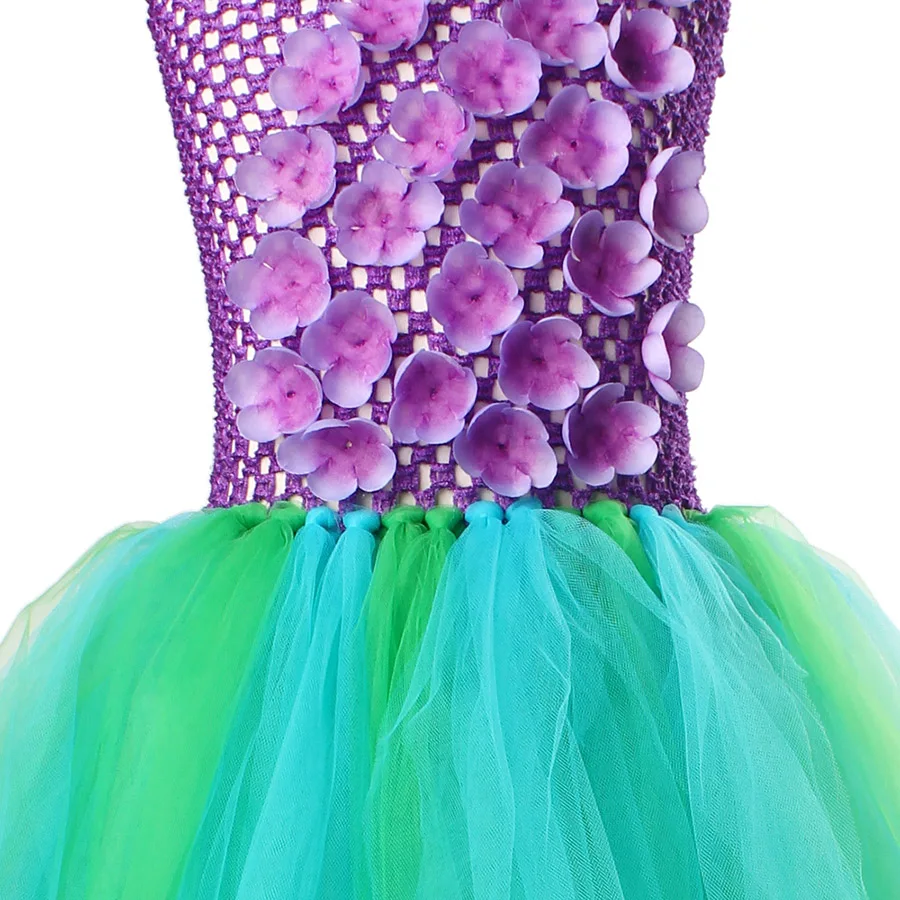 Mermaid Kids Princess Tutu Dress Purple Flowers Green Tulle Baby Girls (14)