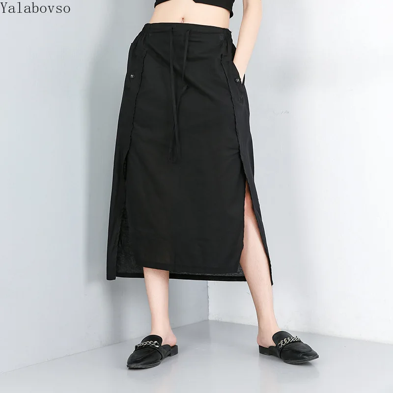 Лето 2009, новинка, Комбинированная юбка средней длины, Необычные трендовые юбки, женские черные, универсальные льняные, с разрезом по бокам, большие размеры, A71Z40