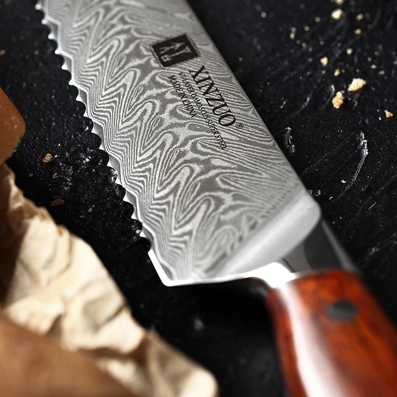 XINZUO 8," дюймовый нож для хлеба 67 слоев дамасских кухонных ножей из японской стали VG10 торт сыра зазубренный нож ручка из розового дерева
