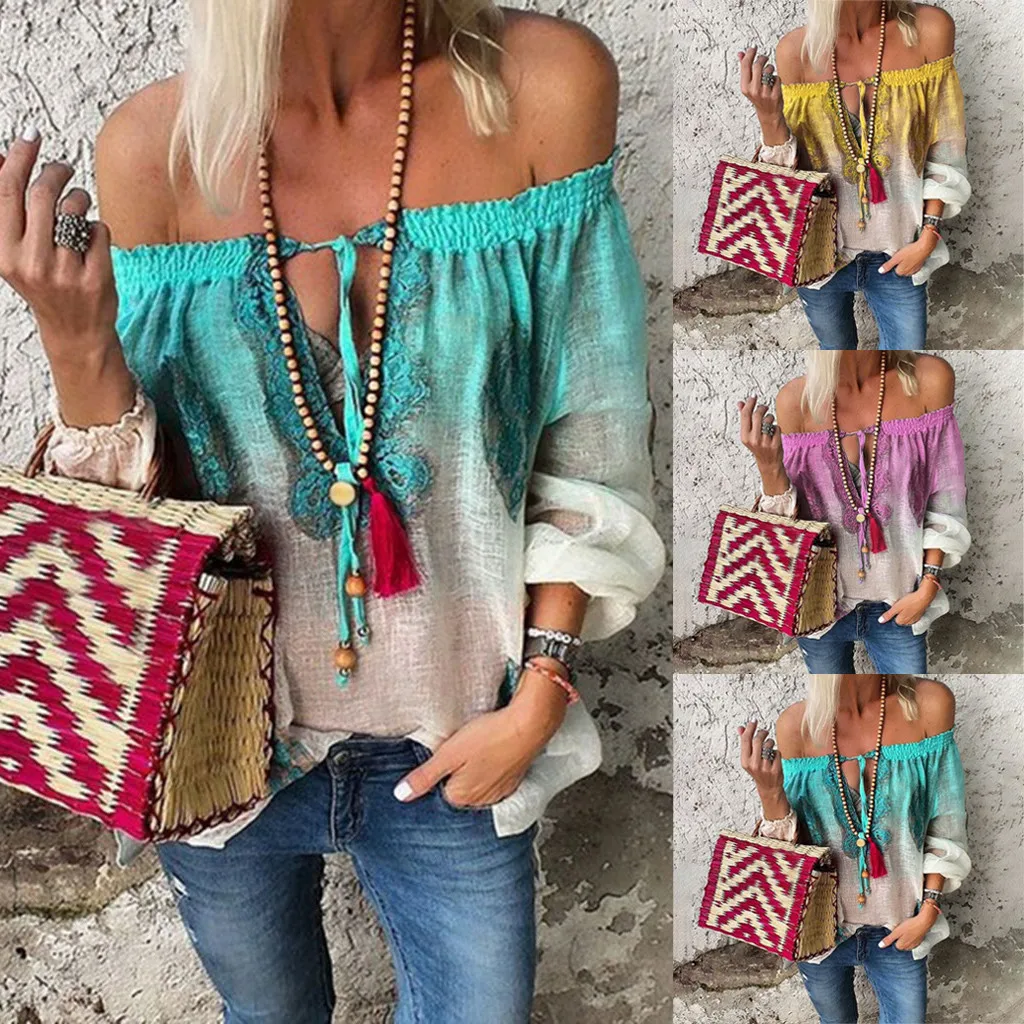

2019 Fashion Sexy Causal Women Summer Sexy Slash neck Boatneck Gradient Color Printing Loose Tops t shirt women camiseta mujer