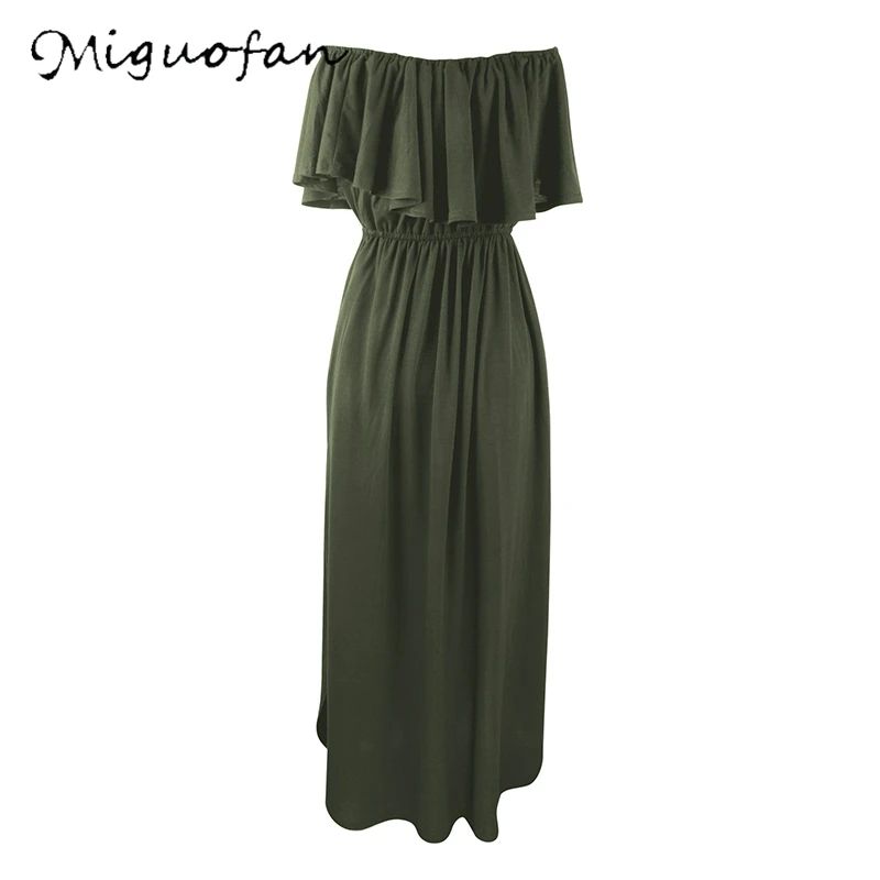 Miguofan летние платья с открытыми плечами, женское ДРАПИРОВАННОЕ плиссированное платье макси, элегантное свободное хлопковое длинное пляжное платье с разрезом и карманами - Цвет: Армейский зеленый