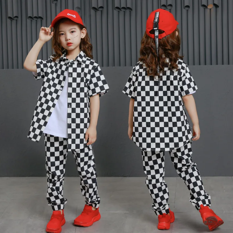 

Girls Ballroom Dance Clothes Hip Hop Costumes Kids Black White Long Checked Shirt Dancing Clothing Performance Shows Dancewear