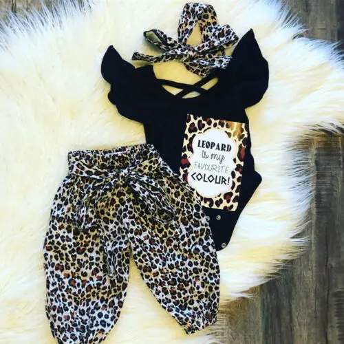 

UK 3PCS Newborn Baby Girls Clothes Fly-Sleeve Tops+Leopard Long Pants Outfit Set