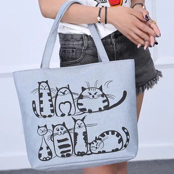 

Women Canvas Handbag cartoon Cat Printed Shoulder bag Female Large Capacity Ladies Beach Bag Women Canvas Tote Shopping Handbags