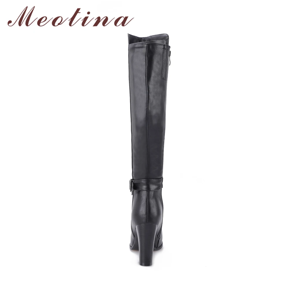 Meotina/зимние женские сапоги до колена на толстом высоком каблуке; сапоги для верховой езды; высокие сапоги с пряжкой; женская обувь на молнии; цвет коричневый, серый; 45