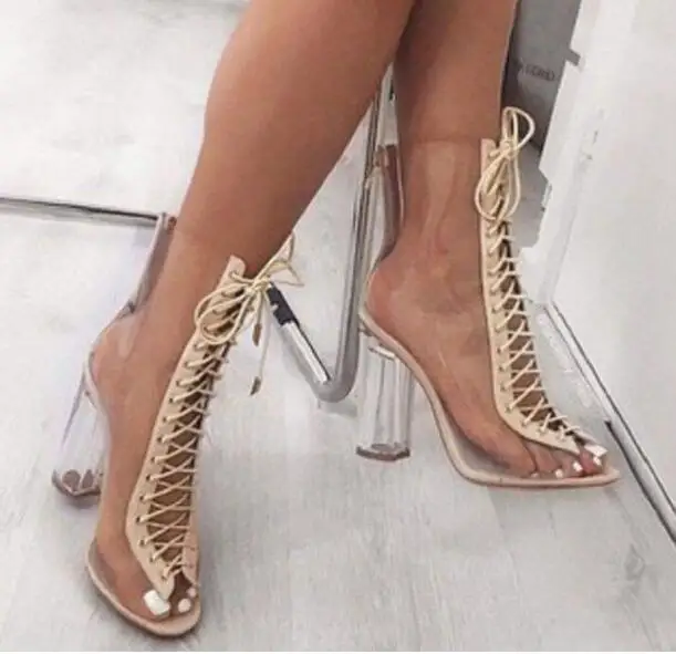 

2017 summer sexy open toe high heel boots transparent PVC lace-up ankle boots thick heels gladiator sandal boots