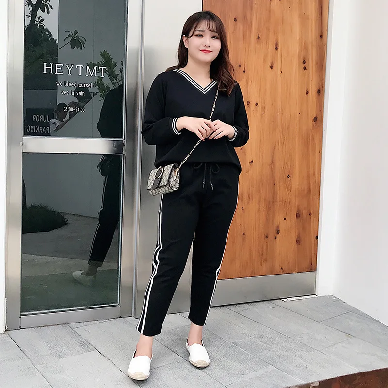 2018 Taille La Hiver Grande 3xl Xxl Femme 2 Femmes Plus Vêtements 4xl Automne Ensemble Costume Pantalons Pcs De Noir Et Tops Iqntw8xF