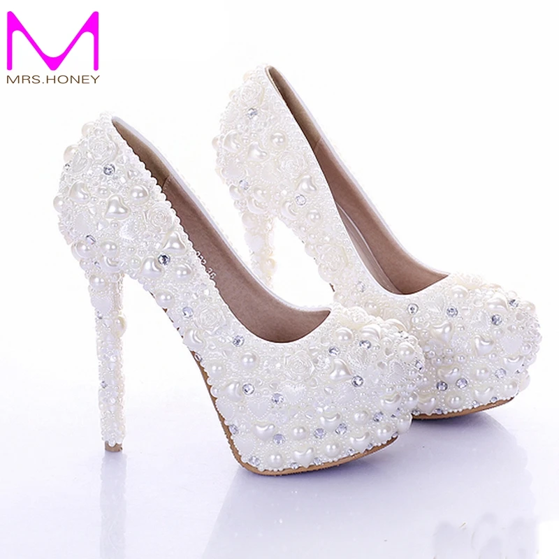 Nouveau Diamant Chaussures De Mariage Couleur Ivoire Perle De Mariée Robe Chaussures Beau Cristal À Talons