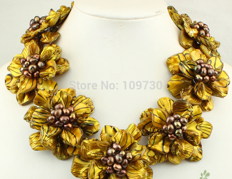 

Jewelry 00737 yellow Zebra shel brown FW pearl flower necklace earrings set