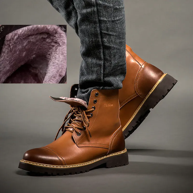 Tanie 2019 zima nowy skóra w połowie motocyklowe męskie buty buty śnieg z futro pluszowe ciepłe Vintage klasyczne męskie Casual Boot botki 45 46