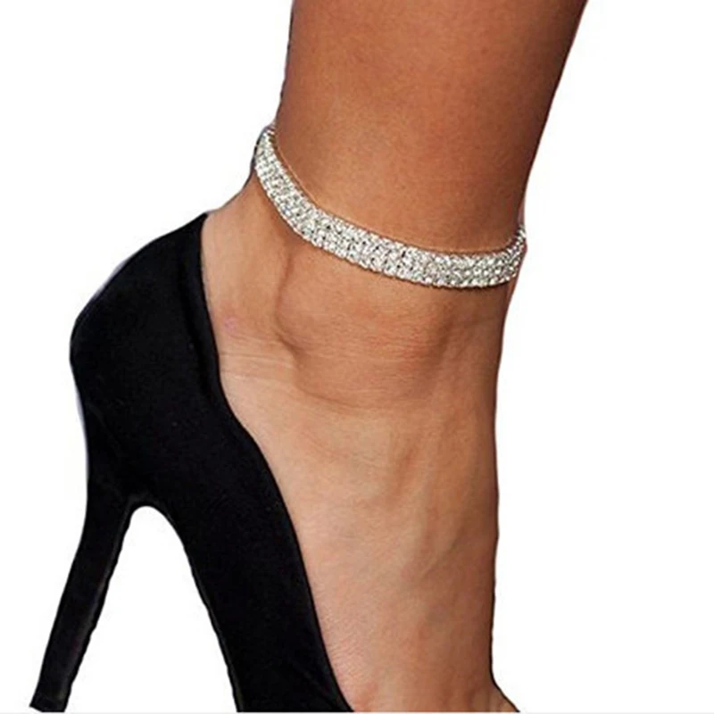 Fashion Women Anklets Three Row Rhinestone Ankle Bracelet Flash Drill