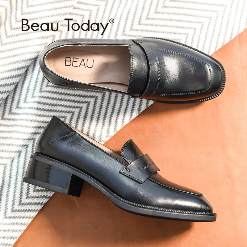 

BeauToday Loafers Women Top Brand Cow Leather Square Toe Slip-On Style Flats Lady Genuine Leather Shoes Handmade 21608