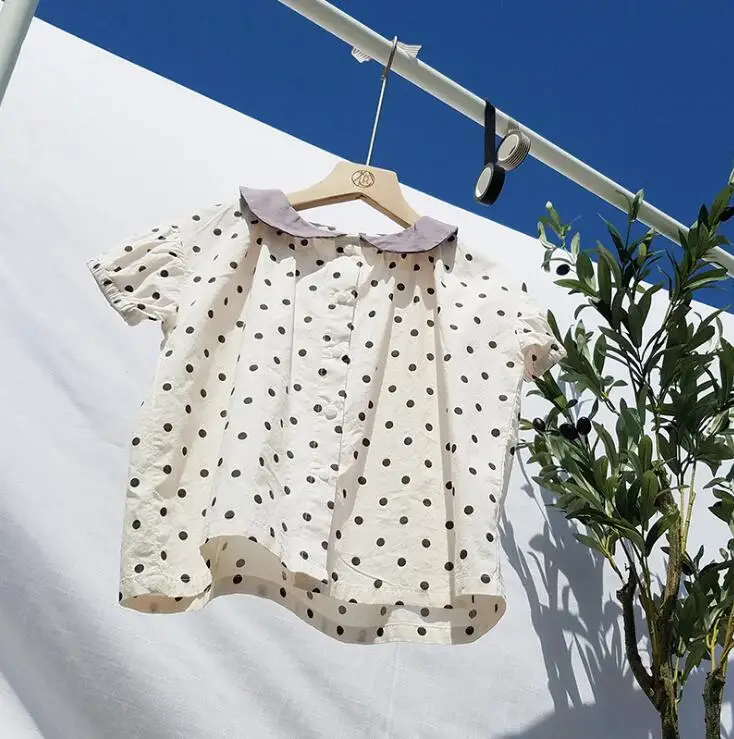 

2019 New Girls Dots T Shirt Cotton Linen Summer Fashion Girls Top 4-9t PT288