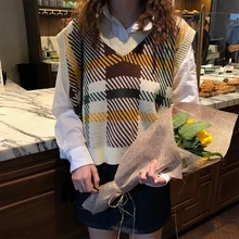 3 цвета, осень и зима, корейский стиль, v-образный вырез, вязанный клетчатый жилет без рукавов, свитера, женские пуловеры, женские(X970