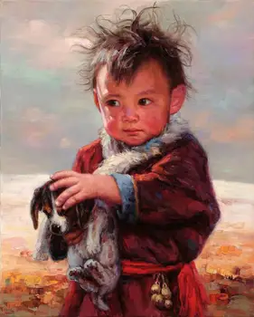 

Original Oil Painting art chinese Tibet small boy dog 20*24 # hand painted #Original Oil painting on Canvas #free shipping