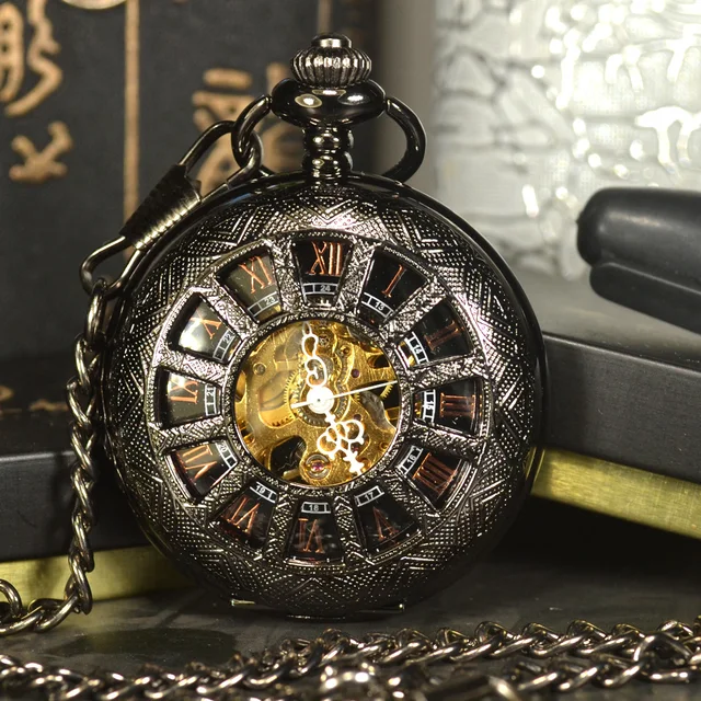 TIEDAN Black Steampunk Skeleton Mechanical Pocket Watch Men Antique Luxury Brand TIEDAN Black Steampunk Skeleton Mechanical Pocket Watch Men Antique Luxury Brand