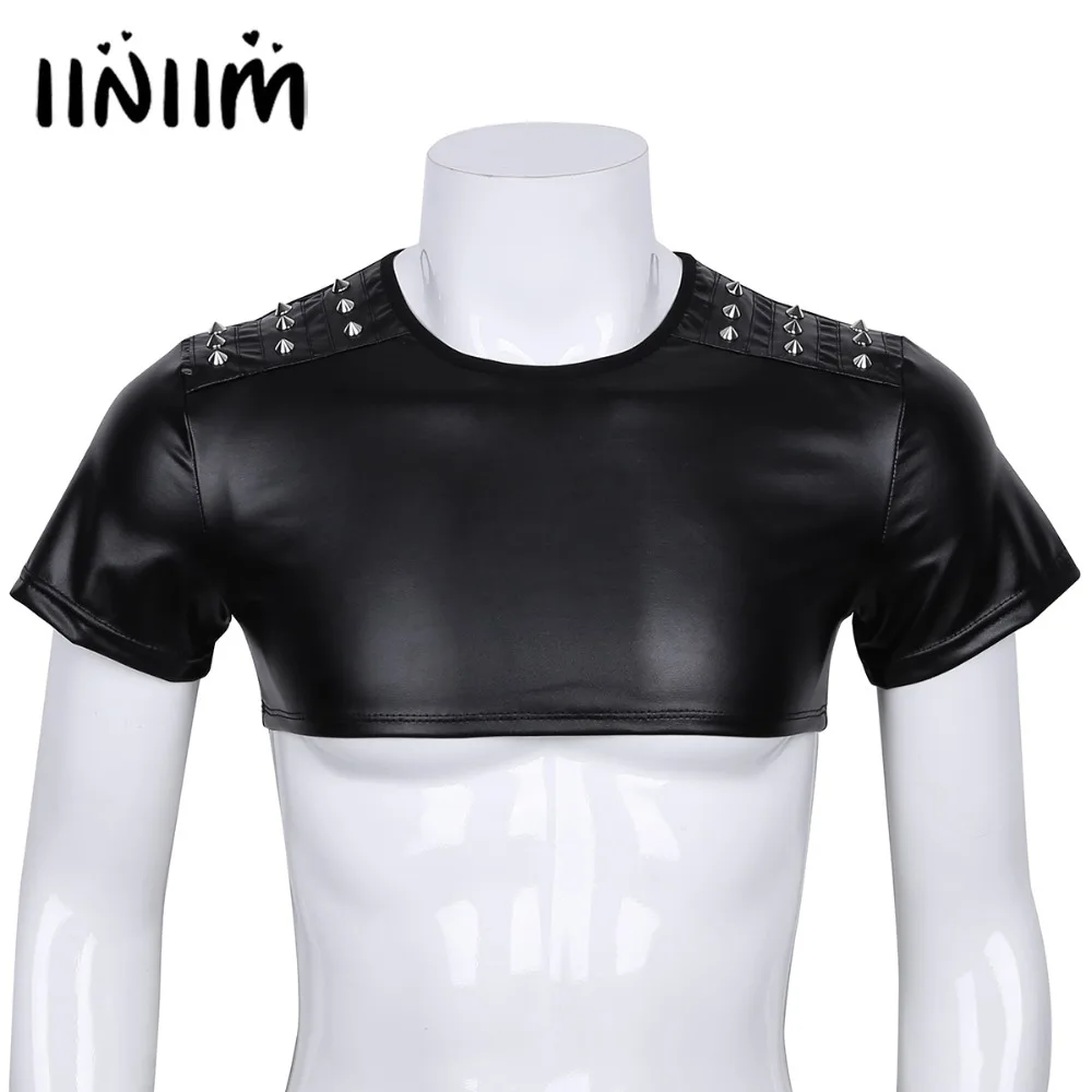 Fashion Mens Punk Style Soft Faux Leather Short Sleeve Studded Muscle Half Top Clubwear Stage 