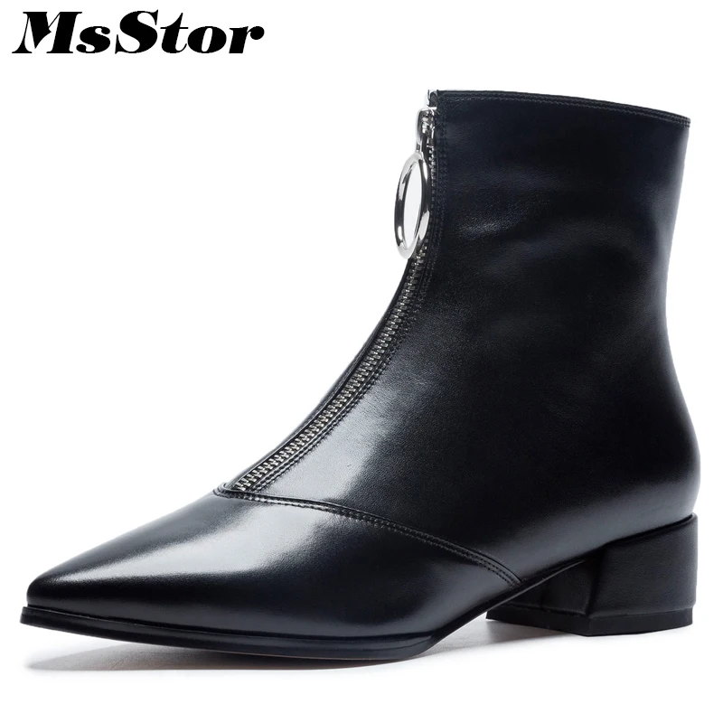

MsStor Pointed Toe Med Heel Women Boots 2018 Fashion Metal Zipper Elegant Ankle Boots Women Shoes Square heel Boots Shoes Woman