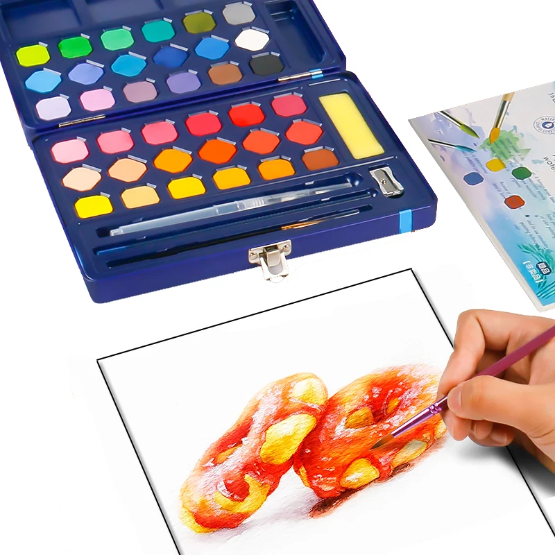 12/18/24/36/48 color solid pigment paint with water brush painting watercolor iron box set paint portable gouache painting art