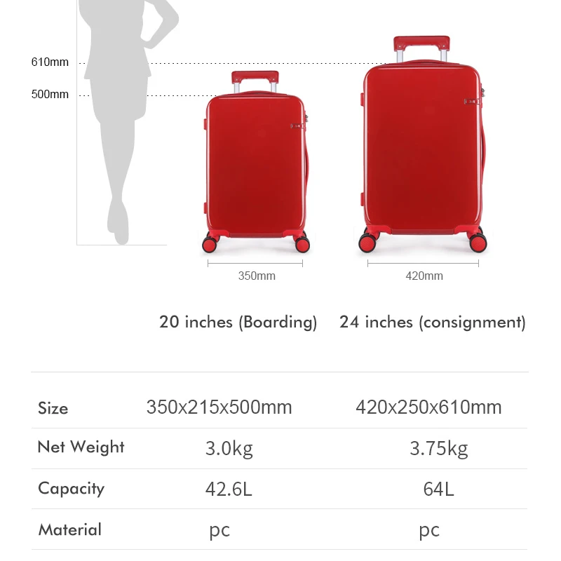 AJI женский красный чемодан для багажа тележка чехол Hardside PC TSA замок