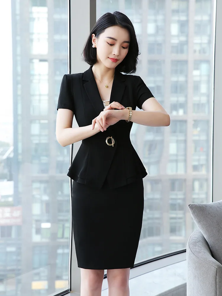 Black coat and skirt Модные Профессиональные юбочные костюмы женские летние с коротким рукавом Новые OL Элегантные блейзеры и юбки офисные женские костюмы для работы - Цвет: Black coat and skirt