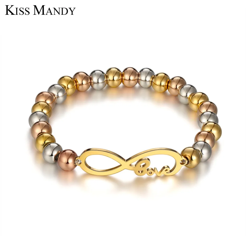 

KISS MANDY Genuine Stainless Steel Women Bracelets With Geometric Infinity Hollowed Love Beads Design Bangle Girls Gift FB105