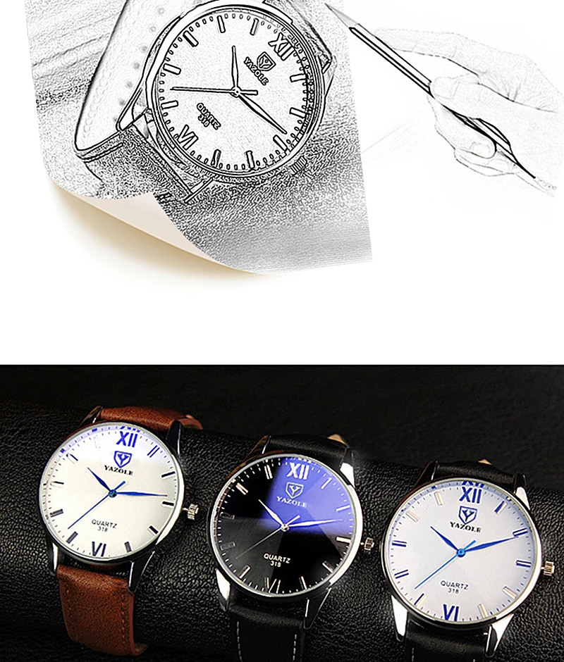YAZOLE, синие стеклянные часы, мужские часы, модные мужские часы, водонепроницаемые, кожа, мужские часы, часы, reloj hombre, relogio masculino