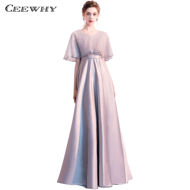 

CEEWHY Cap Sleeve Satin Evening Dress with Jacket Women Dresses Evening Party Elegant Long Evening Gown Vestidos Largos