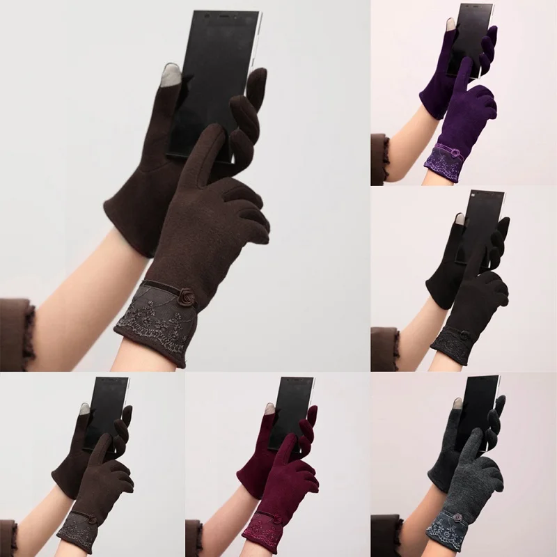 

2019 Women Lady Wool Lace Gloves Fashion Touch Screen Mittens Sheep Wool Winter Warm Female Gloves Gants Tactile Glove 5 colors