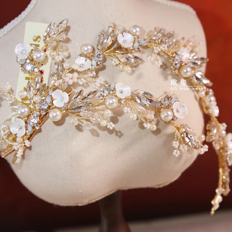 Роскошный Жемчужный церемониальный цветок золотой волос набор заколок головной убор невесты украшение для волос женские свадебные аксессуары для волос