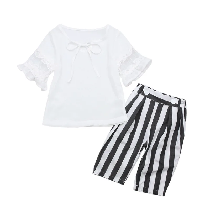 

Summer Girls Sets White Lace Girl Blouse + Striped Pants Trendy Children Clothing Girls Suits