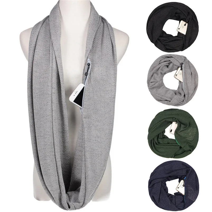 Unisex Winter Solid Wool Warm Loop Scarf Zippered Secret Pocket Shawl Ring Women Printing Scarf Bufanda de las mujeres R29 (12)