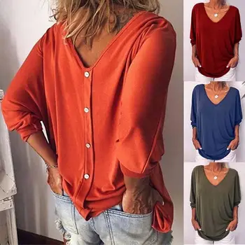 

Women Casual Batwing Sleeve Blouse Loose Solid Color Long Sleeve Tee Shirt Lady 2019 Sexy V Neck Back Button Baggy Tops S-5XL