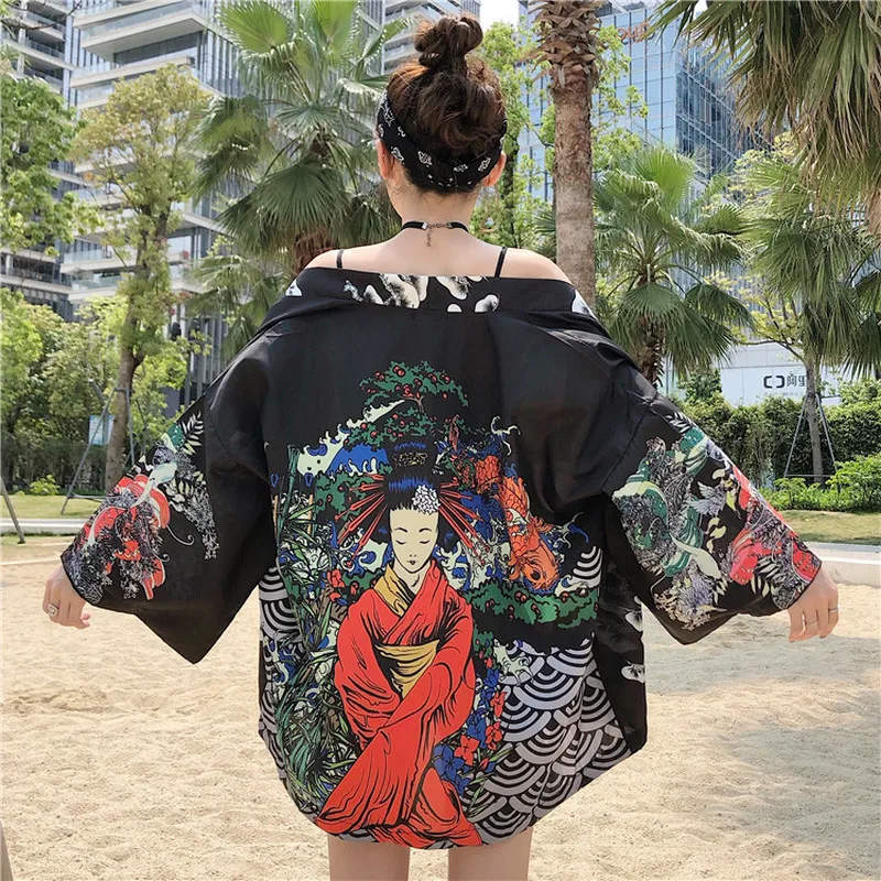 

Harajuku Shirts Women Kimono Ukiyo-e Print Loose Shirts Summer Beach Outwear