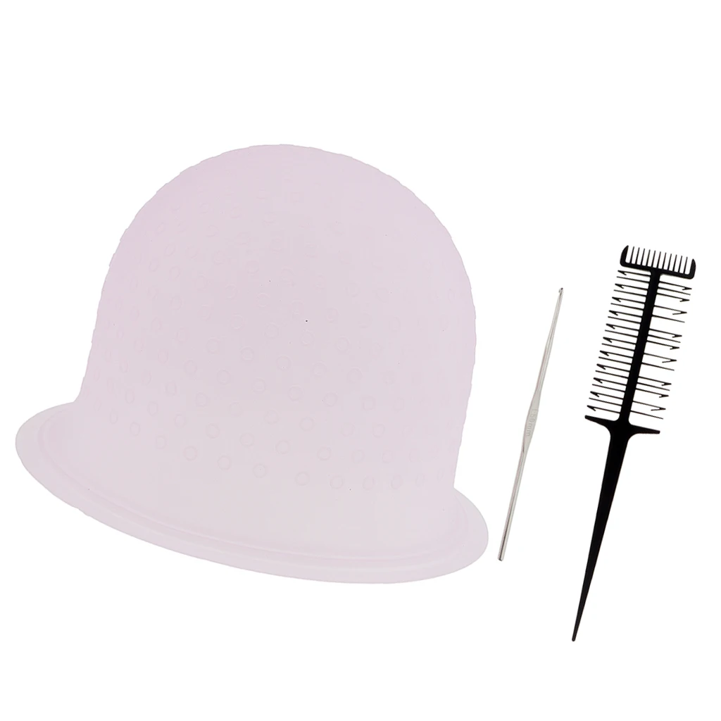Reusable Salon Highlighting Dye Hair Coloring Frosting Cap + Metal Hook Pink+ 3 Way Sectioning Weave Highlighting Comb