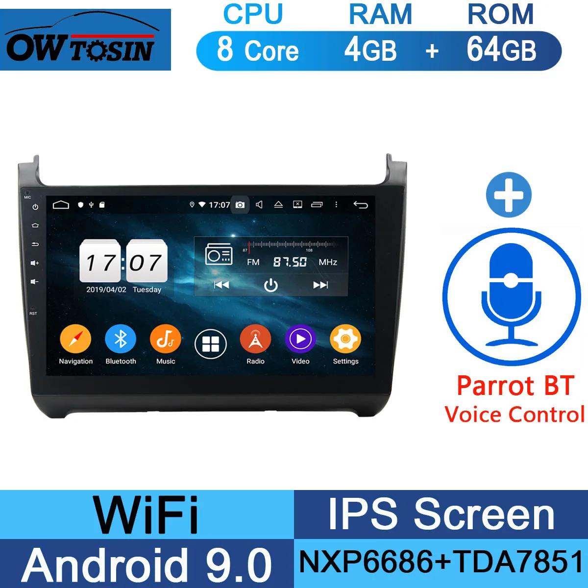 10," ips Android 9,0 8Core 4G ram+ 64G rom автомобильный dvd-плеер для Volkswagen VW Polo 2011- gps Радио TPMS CarPlay ADAS Parrot BT - Цвет: 64G Parrot BT