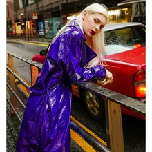 Фиолетовые элегантные женские длинные кожаные тренчи Осенние новые модные тонкие свободные тренчи с поясом женские топы gx1135